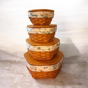 Longaberger 1998 Set of 4 Hexagon Baskets with Lids, Liners, and Protectors